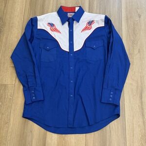 Ely Diamond Pearl Snap Vintage Western Shirt Blue White American Flag Size L